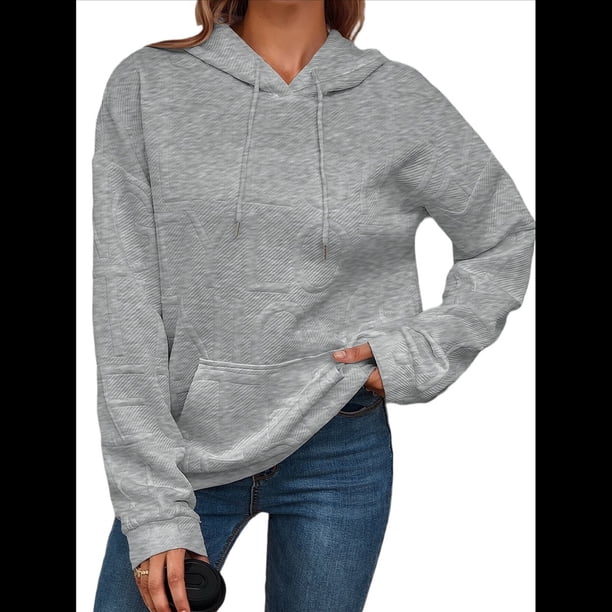 Sudadera Informal con Capucha de Jacquard Texturizado para Mujer, Sudadera Holgada de Larga de Color Liso Y2K con Bolsillos. Gris XL