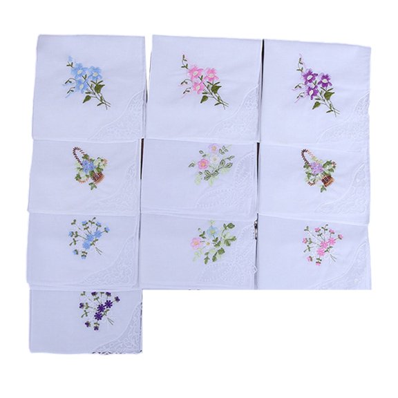 YIGSECU 10lots White Embroidered Ladies Handkerchief Light weight Reusable Handkerchief
