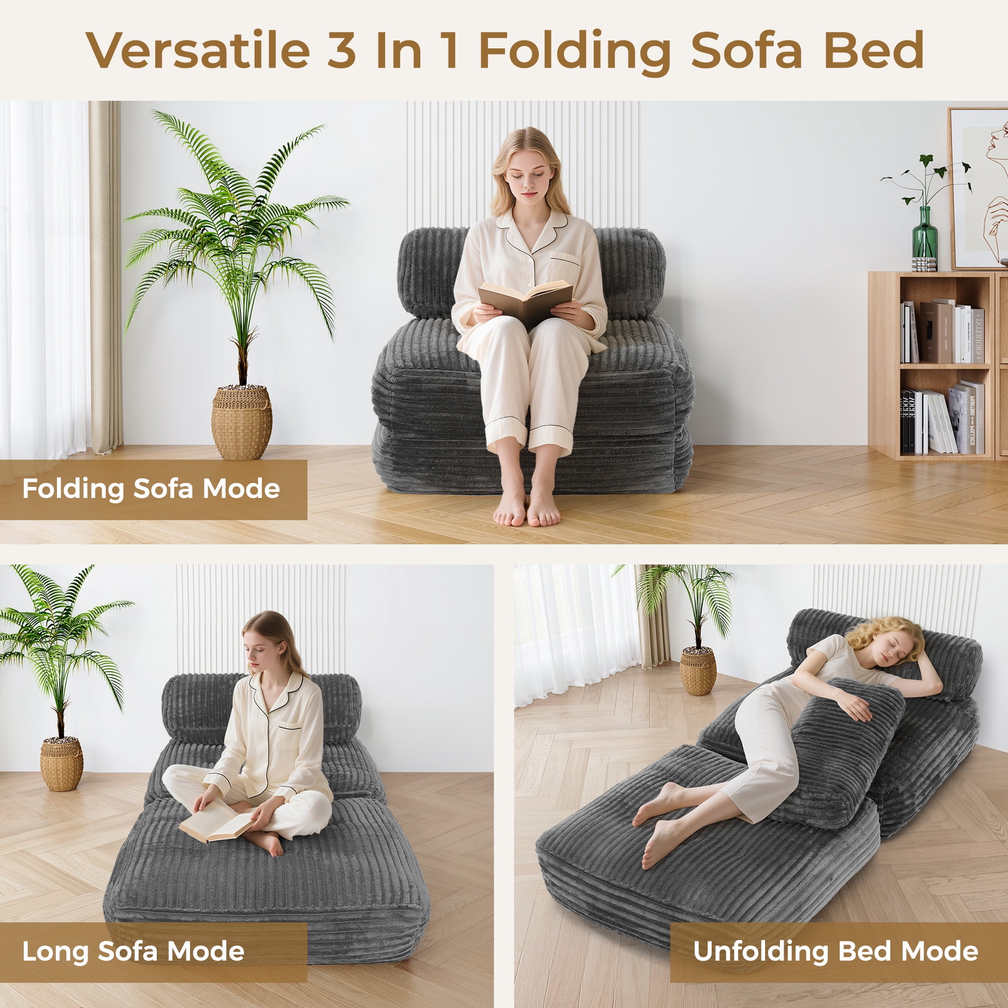 Neche Single Corduroy Convertible Sleeper Sofa - Folding, Pillow Included, Back Support, Portable for Living Room & Bedroom, Gray