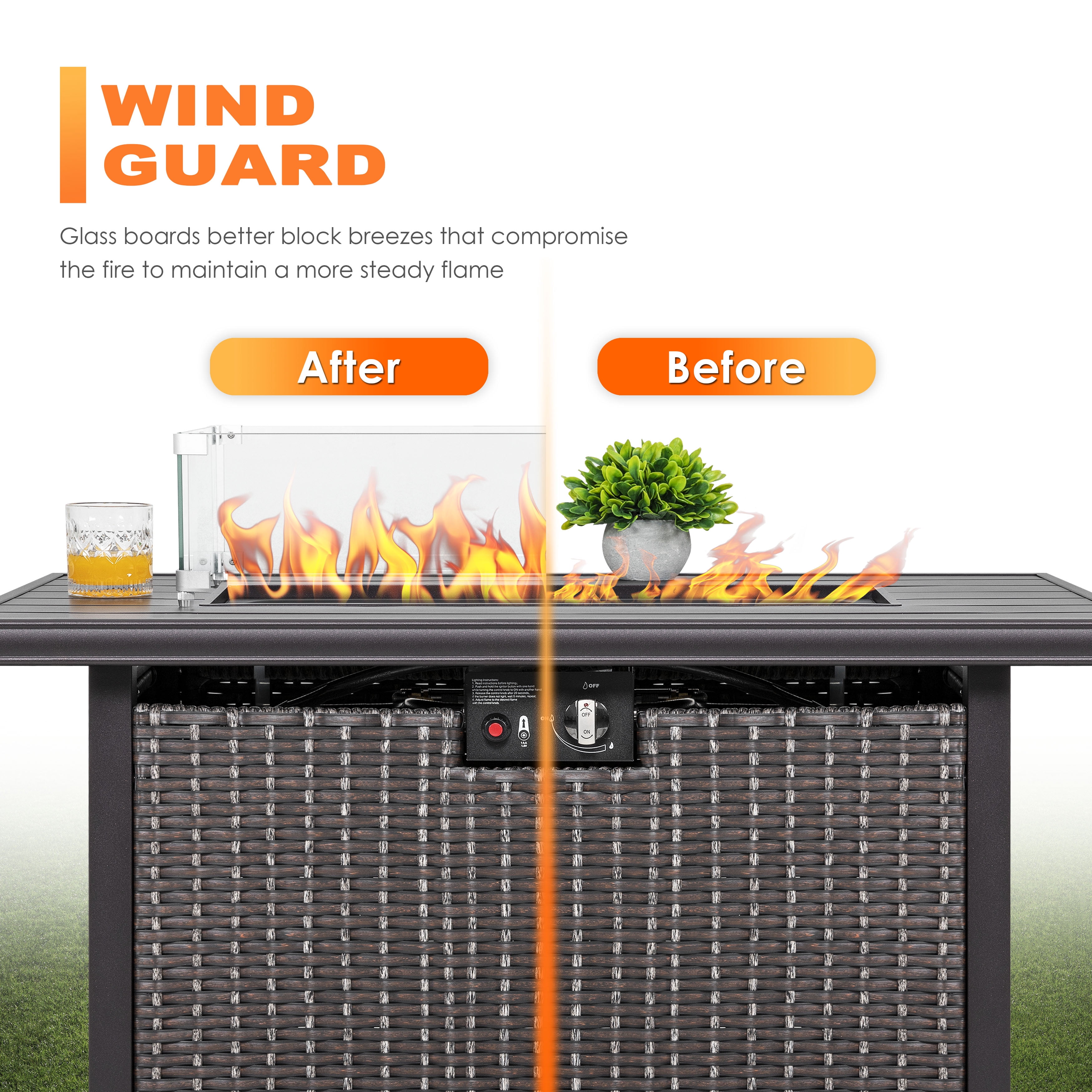 Nuu Garden Fire Pit Glass Wind Guard, Transparent Tempered Glass, Polished Aluminum Brackets, 3M Anti-Slip Pads, Rectangular, for Fire Pit Table