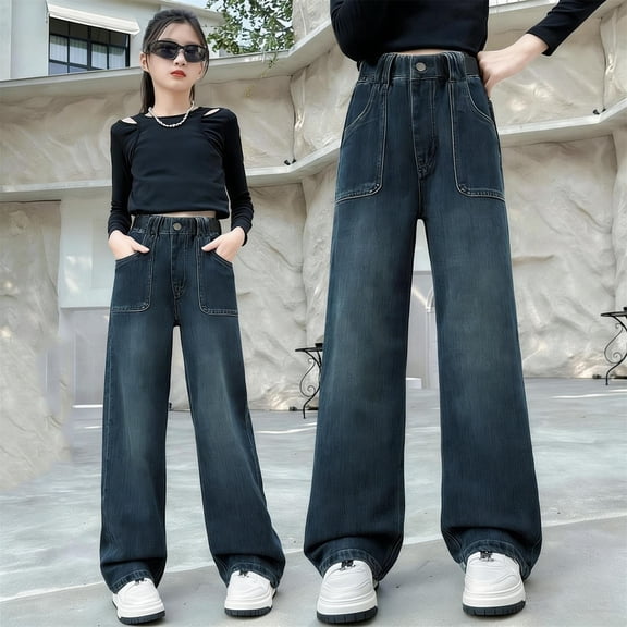 Teen Girls Wide Leg Jeans High Elastic Waist Patch Pockets Relaxed Fit Denim Trousers for School Daily Fashion Bottoms, 6Y-14Y