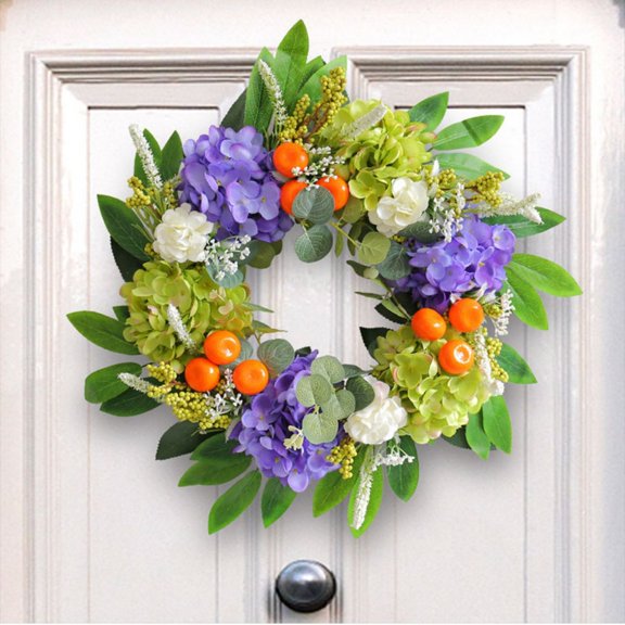 HongHeng 13.78" Hydrangea Spring Summer Wreath with Realistic Fruit and Green Leaves, Floral Artificial Wreath for Front Door Home Wall Wedding Farmhouse Holiday Outdoor Indoor Décor