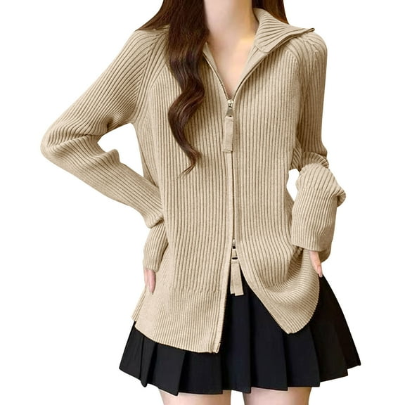 Delliss Women's Loose Zipper Stand Up Collar Sweater Solid Color Knitted Top Khaki Free Size