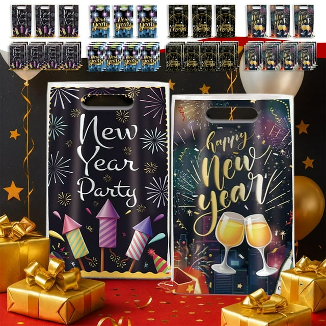 Bolsitas de regalo para la fiesta de Año Nuevo 2026 - Bolsas de plástico de 20 caramelos con diseños navideños, 9,8x6,7 pulgadas para aperitivos y decoraciones de fiesta