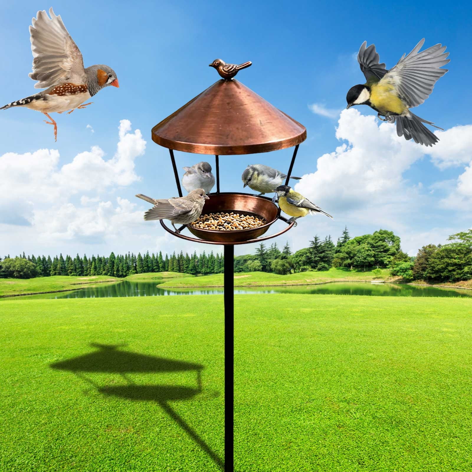 Standing Bird Feeder Tray, 7.8" Stainless Steel Large Platform Bird Feeder Mesh Seed Tray with Heavy Duty Stand Birds Feeder Pole for Outside Wild Birds in Garden Backyard