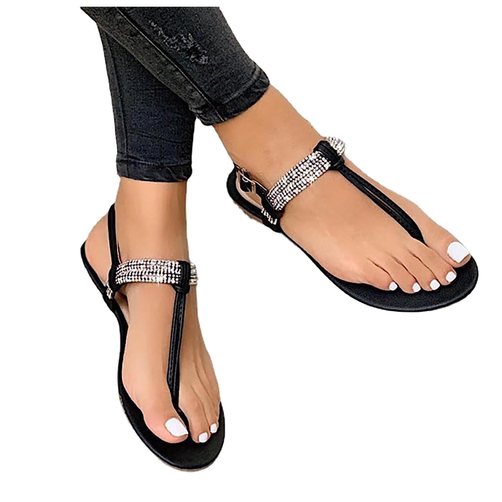 Womens Flat Sandals Open Toe Ankle Strap Sandals Bohemian Elastic Strappy Thong Summer Beach Sandals 