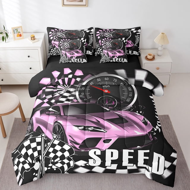 Erosebridal Teens Racing Sport Bed in a Bag Queen size, Speed Game Bed Set, Race Car Theme Decor, Reversible 7pcs