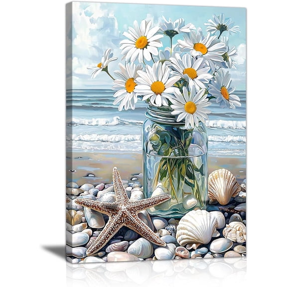 Blue Beach Bunch of Flowers Canvas Wall Art Ocean Stones Theme Wall Paintings White Flowers in Full Bloom Wall Picture Canvas Print Artwork Wall Decor for Dining Office Living Room Bedroom 12"x16"