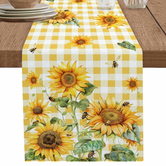 nqOlkjepod Orange Sunflower Table Runner 48 Inches Long Farmhouse Dress Scarves, Bee Floral Summer Rustic Buffalo Check Dining Tablerunner for Coffee Table/Kitchen Island/Party Décor, 13" x 48"