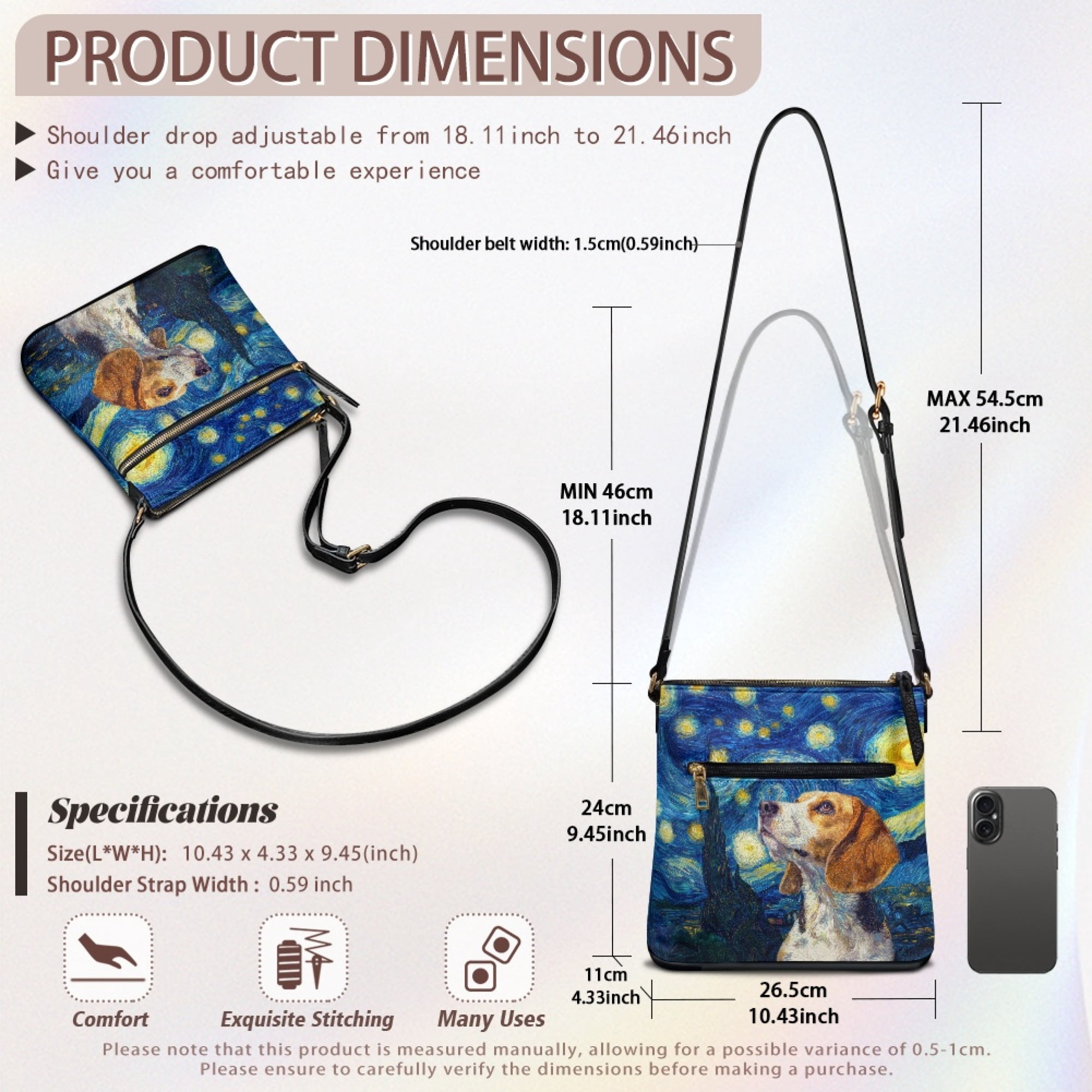 Kuiaobaty Beagle Galaxy Print Crossbody Bag for Women, Zipper Pockets Messenger Handbag with Adjustable Strap, Roomy Casual Shoulder Purse Crossbody for Travel, Blue