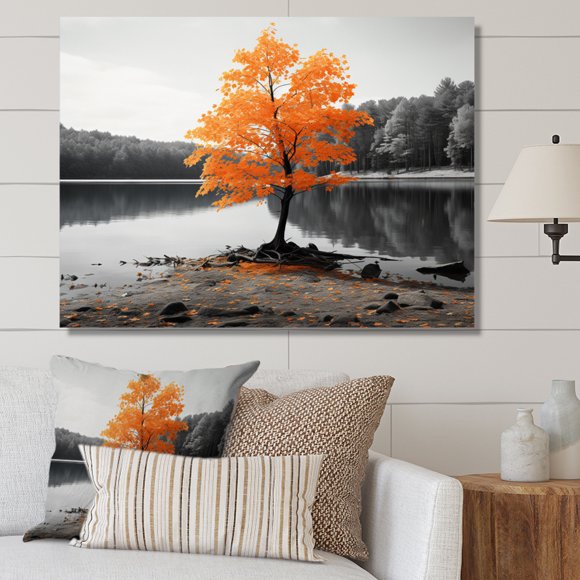 Designart Lakes lakehouse Oversized Wall art decor, Lakes Lakehouse Wall Art, Shades Of Gray on an Orange Lake , Orange Traditional Canvas wall art, 40x30 inches