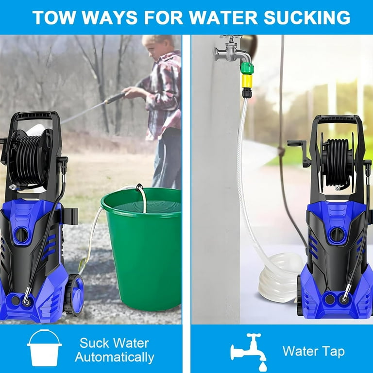SUGIFT Electric Pressure Washer 3000PSI 2.0 GPM Power Washer with Hose Reel 5 Quick Connect Nozzles Soap Tank IPX5 Car Wash