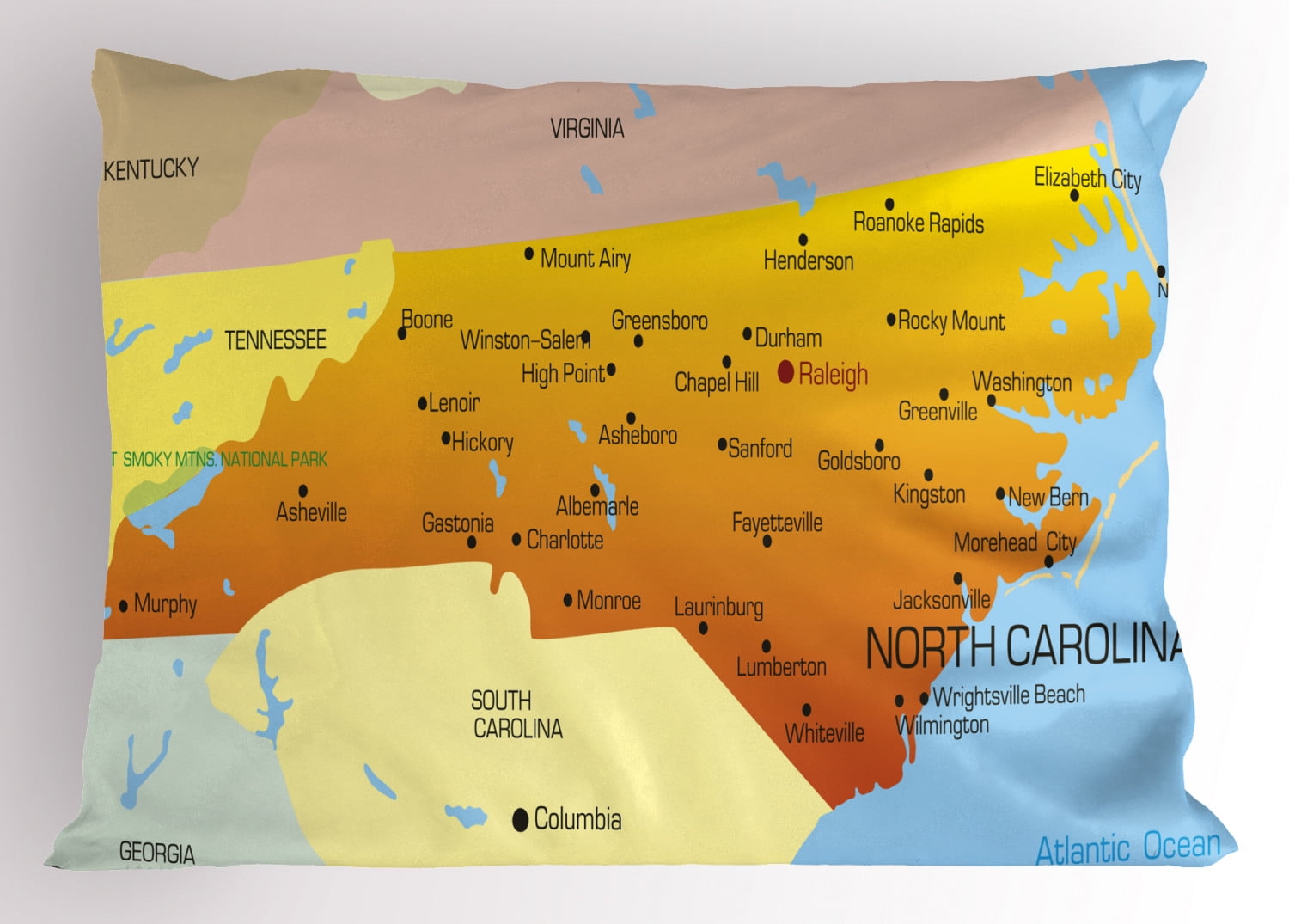North Carolina Pillow Sham, Map of An American State by Atlantic Ocean National Borders