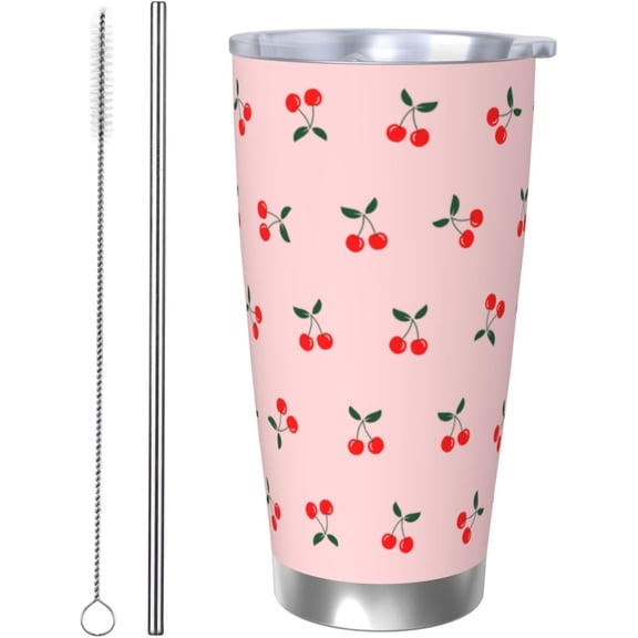 Cherry Tumbler 20oz Fruit Stainless Steel Vacuum Insulated Tumblers with Lid and Straw Pink Travel Coffee Mug Tea Wine Cups Water Bottle Gifts for Women