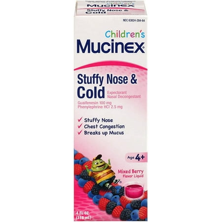 Mucinex Children's Stuffy Nose & Cold Relief Liquid, Mixed Berry Flavor 4 oz (Pack of