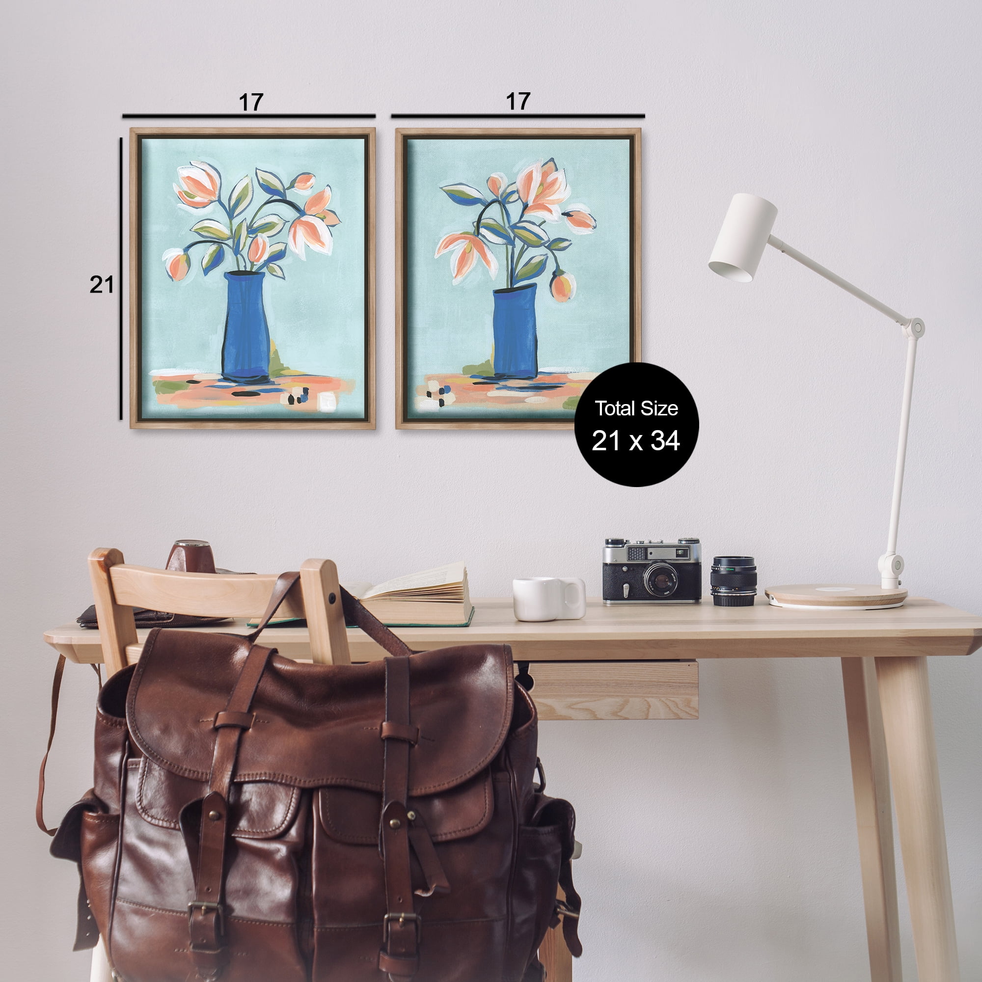Stupell Industries Blue & Peach Flowers Plants & Flowers Painting Brown Floater Framed Canvas Art Print Wall Art, 17 x 21, Set of 2