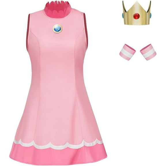 Women Girls Princess Peach Dress  Tennis Pink Dress with Crown Sports Outfit