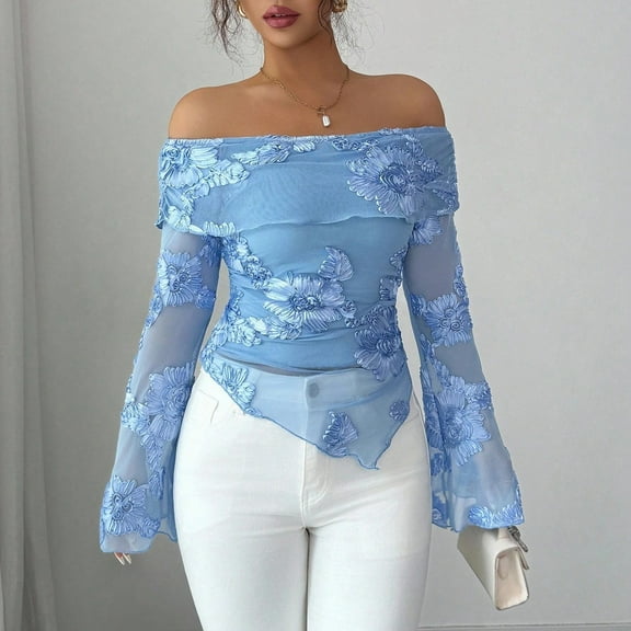 Craaazy Womens T Shirts Solid Color Embroidered Off-the-Shoulder Long Sleeve Tops Slim Fit Shirts Gifts For Women