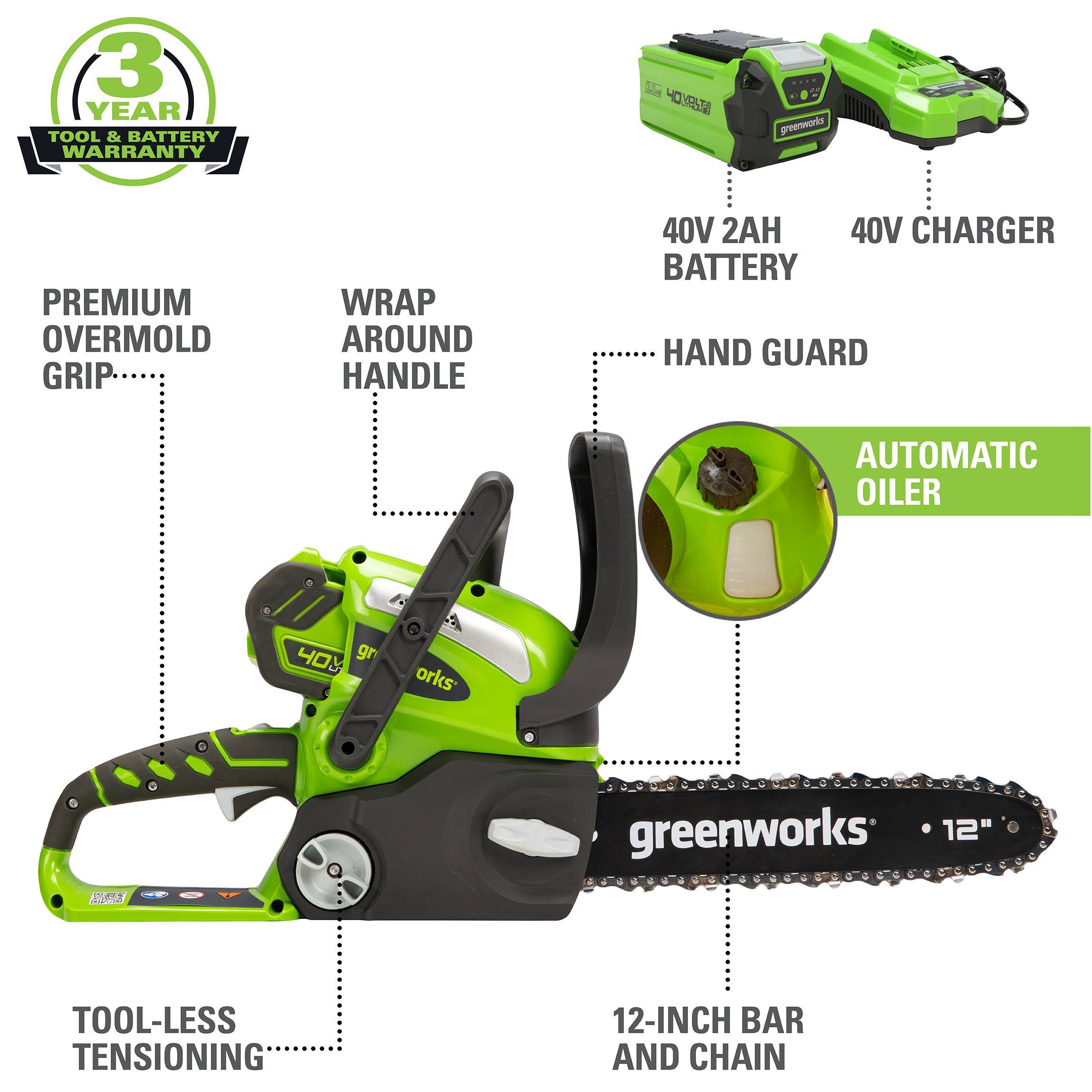 Greenworks 40V 12" Cordless Chainsaw with 2.0 Ah Battery & Charger, 20262 - image 3 of 14