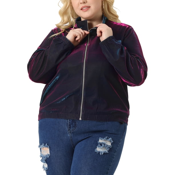 FAB CURVES Chaquetas de malla de talla grande para mujeres, chaqueta holográfica de manga larga con cremallera para fiestas 1X Azul Púrpura
