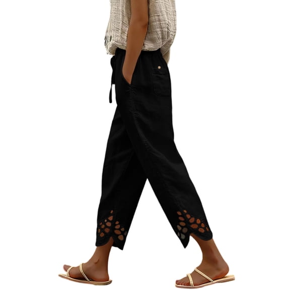 ZQUUVOU Linen Capri Pants for Women Drawstring Waist Cotton Blend Hollow Out Hem Ankle Length Casual Boho Cropped Trousers Black