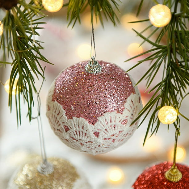 Adorno para árbol de Navidad | Bola de espuma de encaje con colgante de polvo | 8 cm, rosa, rojo, azul y dorado, decoración navideña para coronas y guirnaldas