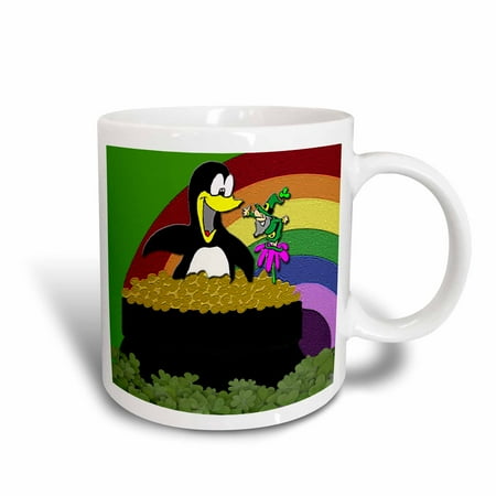 Leprechaun Post - 3dRose Penguin and Leprechaun in Pot of Gold - Ceramic Mug, 11-ounce
