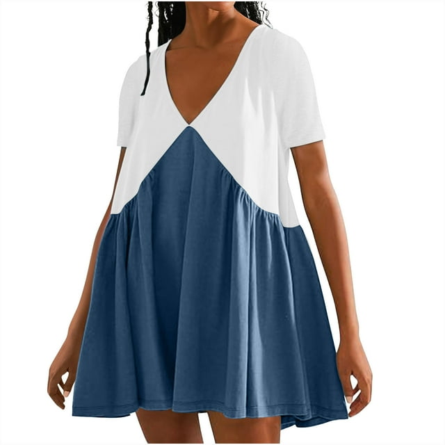 Bowake Dresses for Women 2024 Casual Spring Summer Short Sleeve V Neck Color Block Mini Dress Loose Flowy Sundress