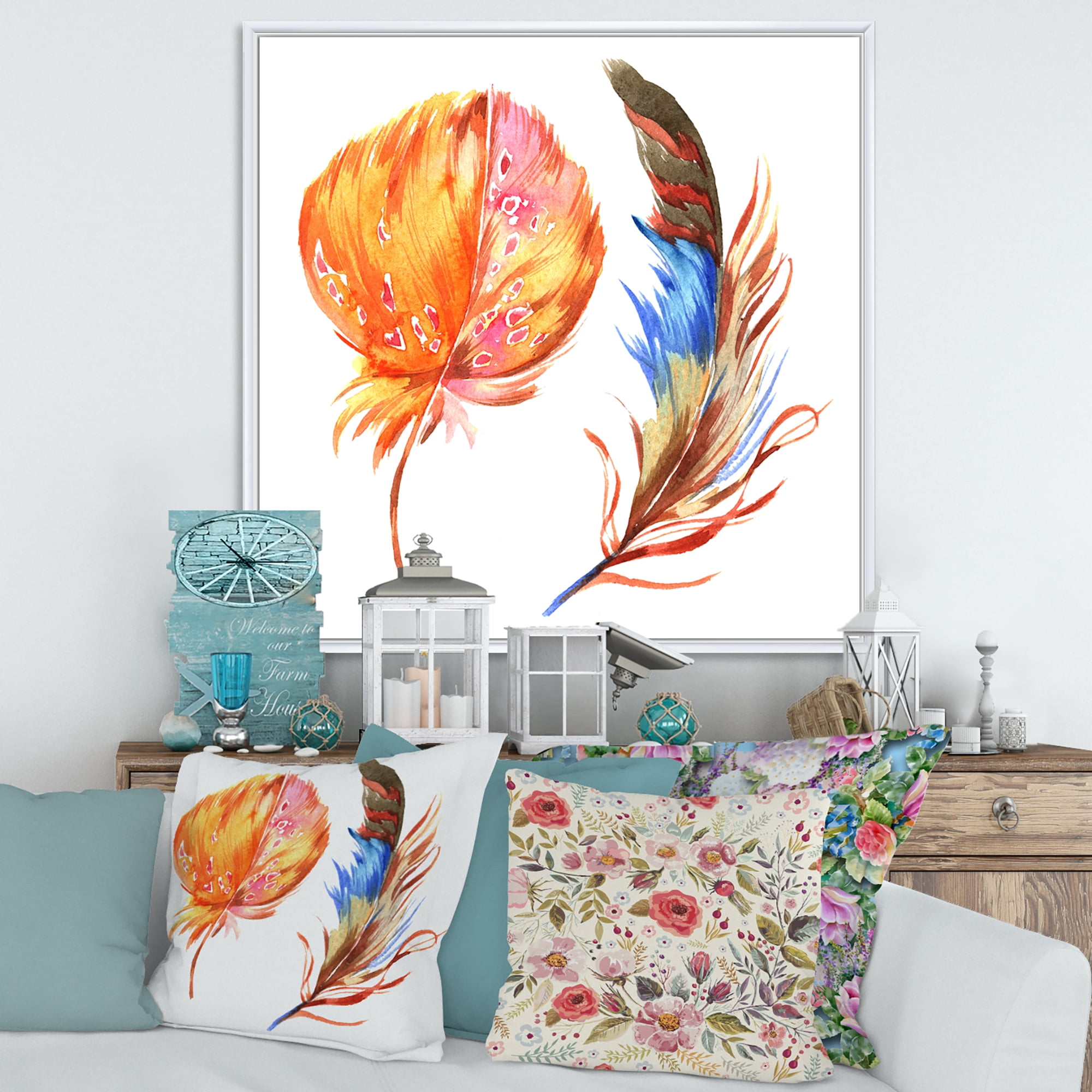 Ethnic Brown and Colorful Feather 36 in x 36 in Framed Painting Canvas Art Print, by Designart