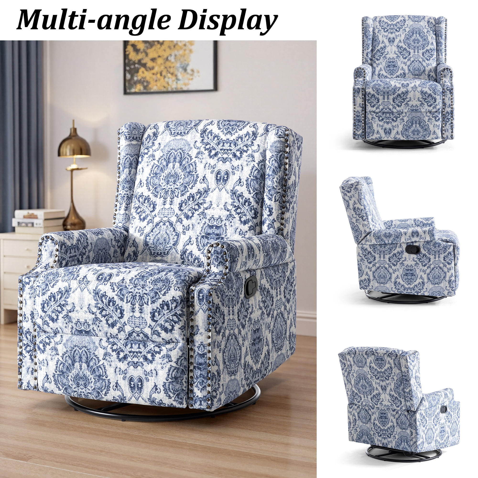 DREAMSIDEA Recliner Swivel Glider Rocker Nursery Chair for Adults, High Back Upholstered Rocking Armchair for Living Room, Manual Reclining Sofa Lounge Chair with Deep Seat in Fabric - Navy