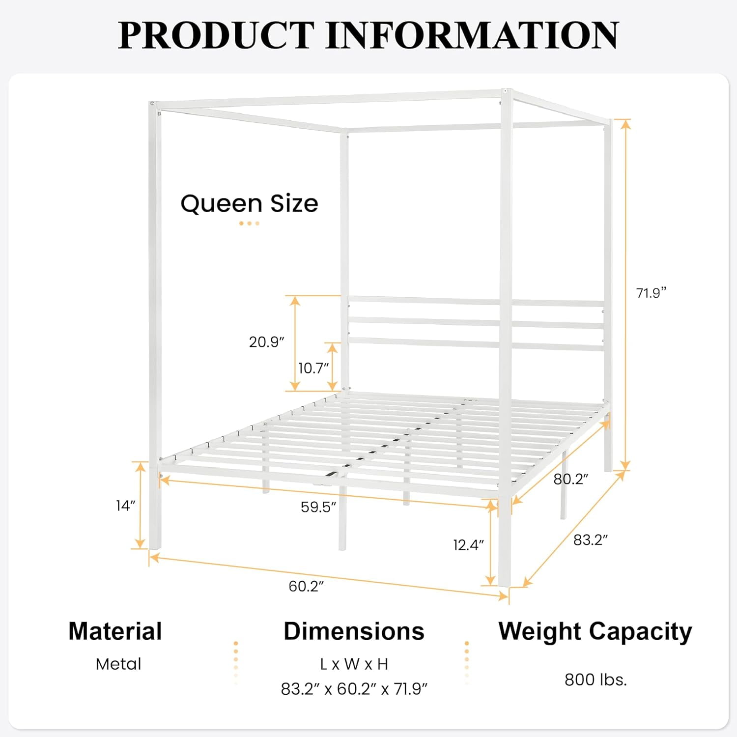 SHA CERLIN Queen Size Canopy Bed Frame with Metal Slats Support, White