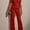 Red, variant on Women's Elegant Formal Jumpsuit Long Sleeve Pearl Accent Jumpsuit, Mid-Length Sleeve with Side Slit & Back Zipper, Office to Evening Wear, S