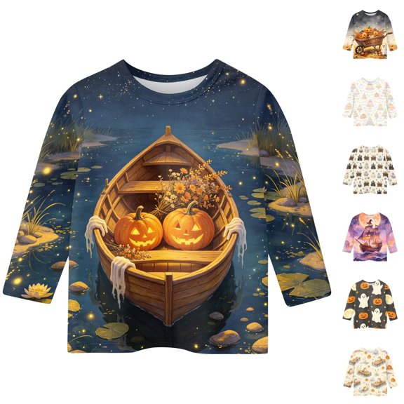 Halloween Cute Shirts for Kids Girls 3/4 Length Sleeve Funny Halloween Pumpkin Girls Shirts Crew Neck Soft Casual Clothes for Teen Girls Blouse T-Shirt Light pink 7-8 Years