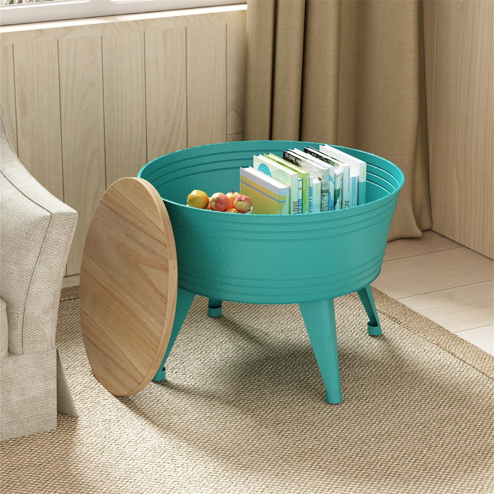 Metal Accent Side Table with Wood Top, Farmhouse Rustic Distressed