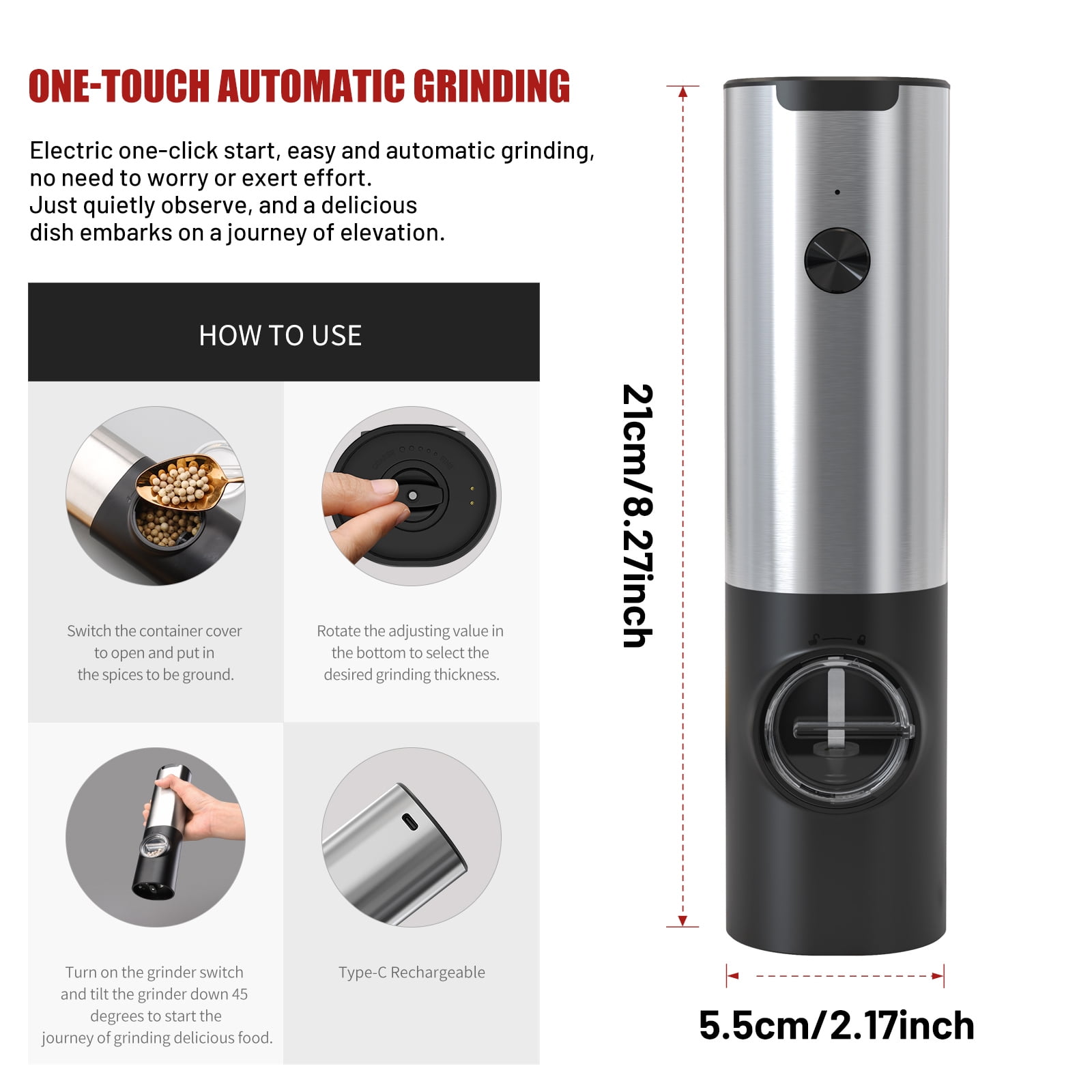 Electric Salt and Pepper Grinder Set, Sgokeen Automatic Electronic Spice Mill Shakers with USB Rechargeable, LED Light, Adjustable Coarseness, One Hand Operated, Stainless Steel
