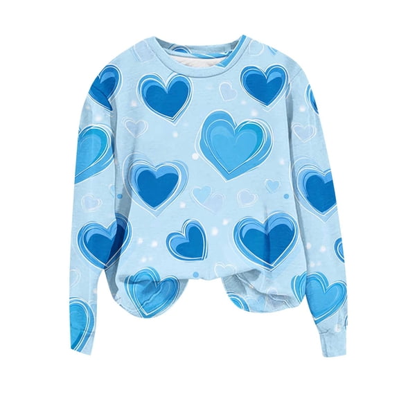 SELONE Long Sleeve Shirt Women Valentine's Day Heart Print Pullover Crewneck Tops Fashionable Outerwear Blue 3XL