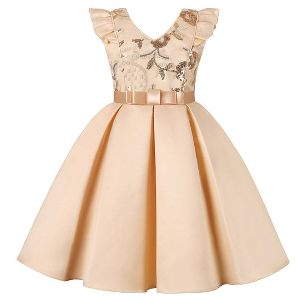 Vestido de lentejuelas para niña Umfun, falda para desfile de cumpleaños, manga voladora, fiesta de festival, ropa de princesa, beige, 7-8 años