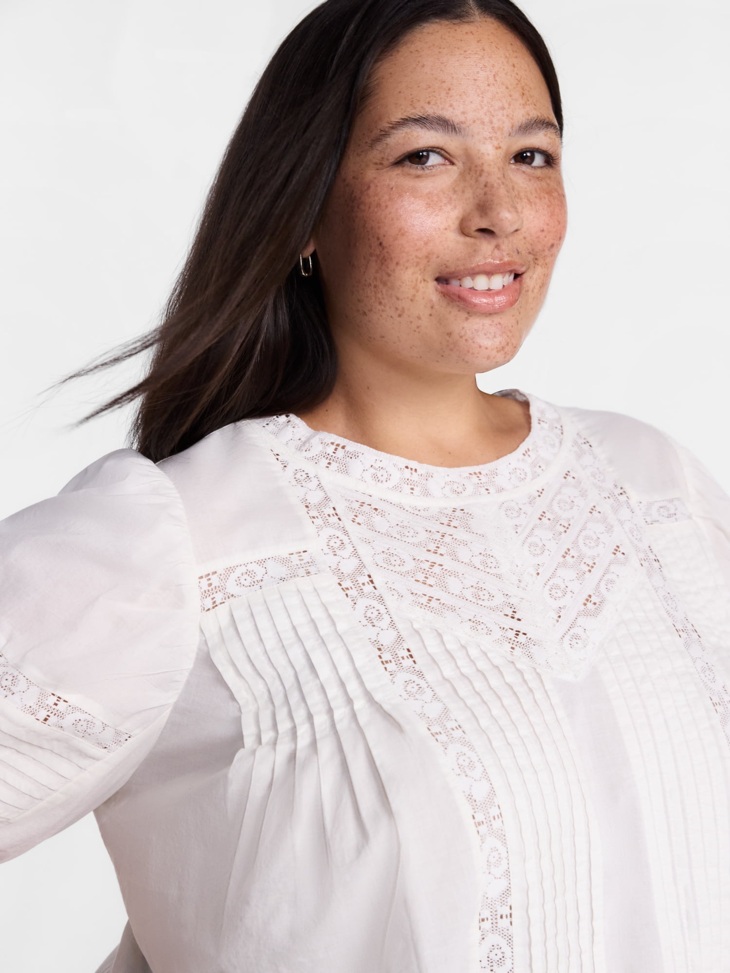 Terra & Sky Women's Plus Lace Trim Swing Top with Elbow Length Puff Sleeves, Sizes 0X-5X