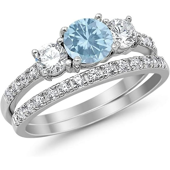 Divine Creation 925 Sterling Silver 2.00 Ct Round Cut Aquamarine Christmas Thanksgiving Engagement Wedding Bridal Ring Set 14K White Gold Plated For Women's -6.5