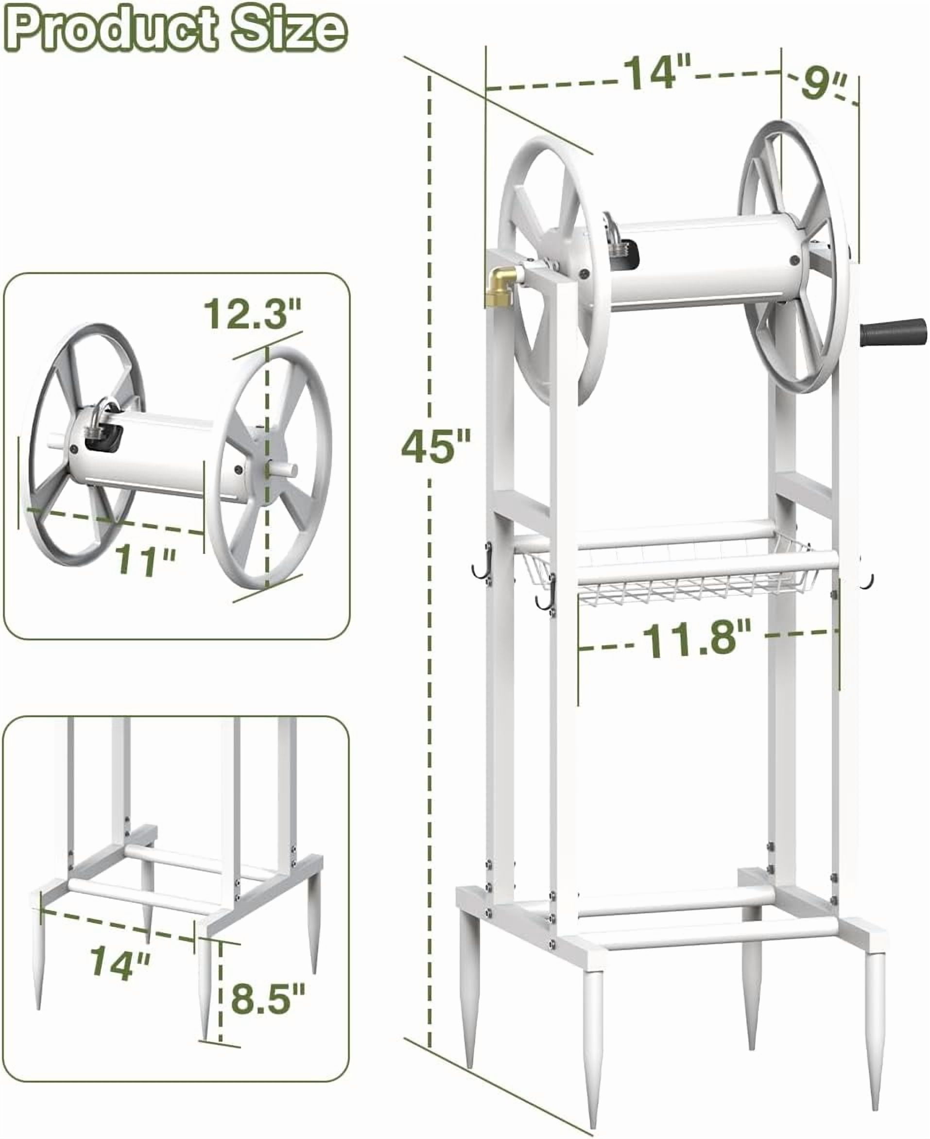 Freestanding Garden Hose Reel holds 125ft Hose of 5/8" with 4 Hooks, 4-Spike Outdoor Hose Holder with 3.9ft Leader Hose & Brass Fitting, Detachable Metal Hose Stand with Storage Rack, White