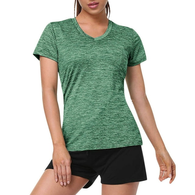 T-Shirts Vert Armée pour Femmes Col en V Manches Courtes Évacuant l'Humidité Haut de Sport