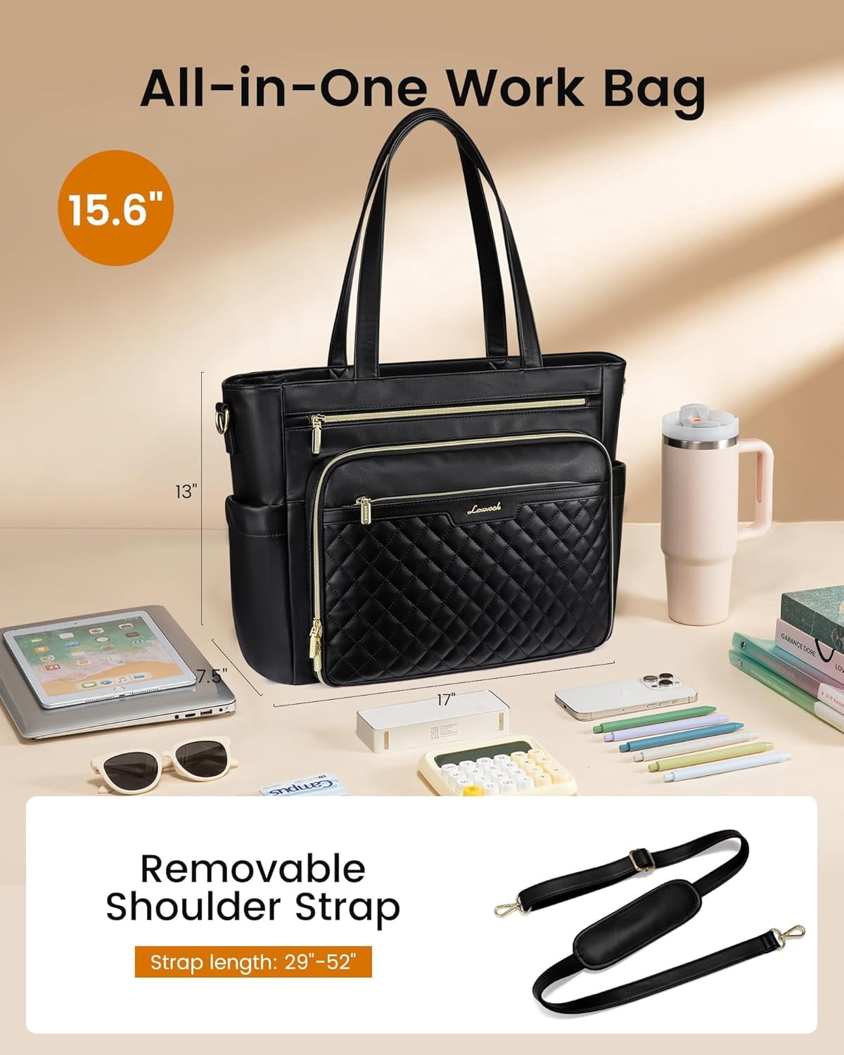 LOVEVOOK Teacher Tote Bag with Accordion File Pocket, Soft PU Leather Work Briefcase Quilted Laptop Bag with Large Cup Holder