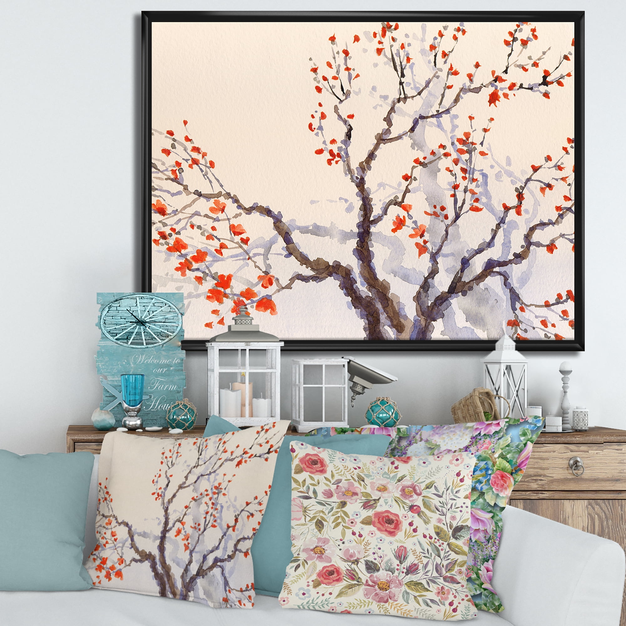 Buds and Red Flowers On The Spring Blossoming Tree 20 in x 12 in Framed Painting Canvas Art Print, by Designart