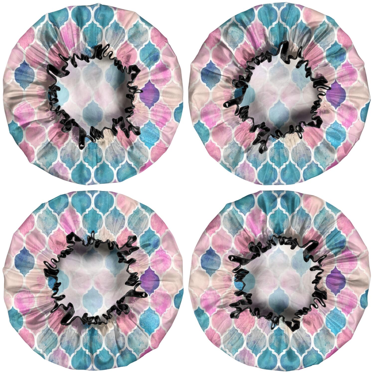 Shower Caps,Multi Color Moroccan Checkered Pattern Waterproof Shower Cap for Women 4 Pieces,Double Reusable Hair Cover for Shower PEVA Elastic Stretch Hem