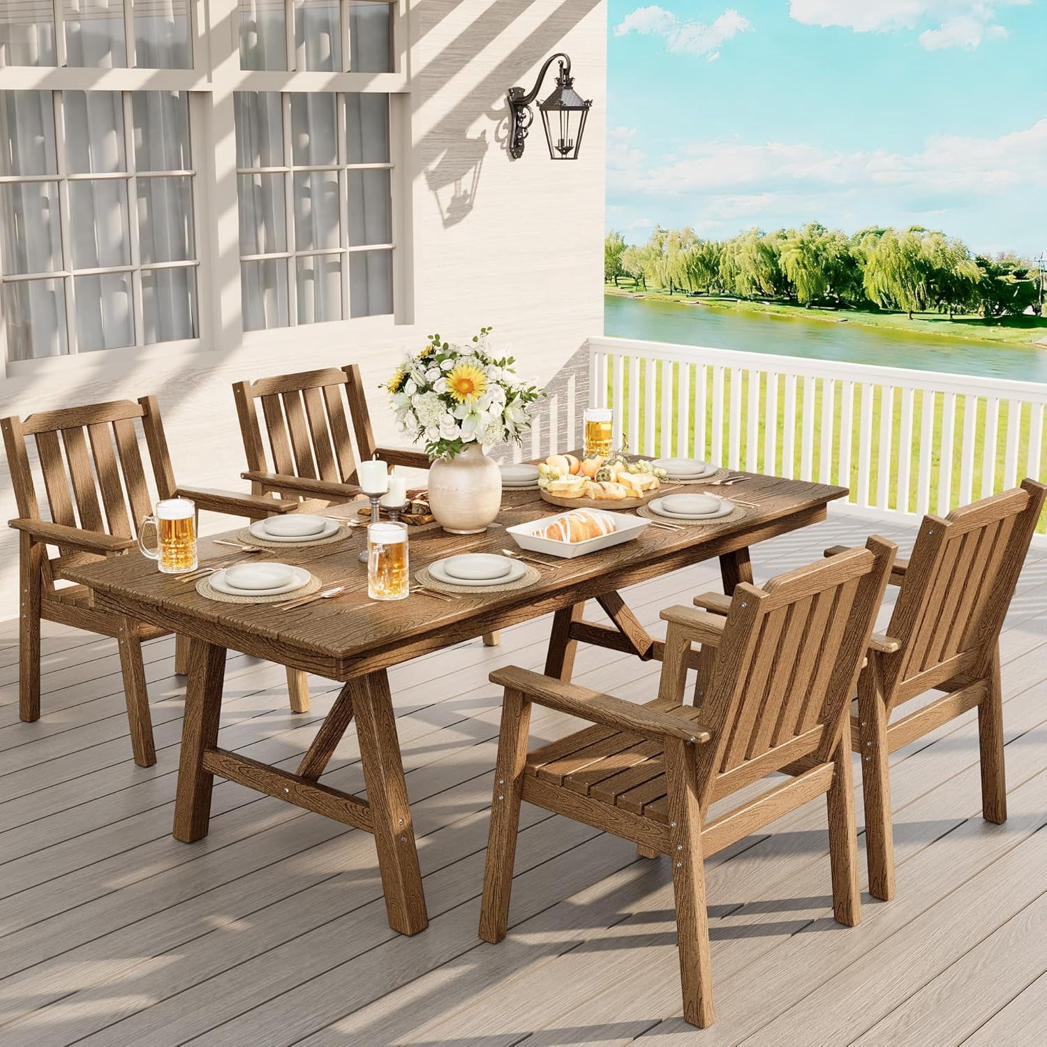 EliteEdge Set of 2 23.9" Wide HDPE Patio Dining Chairs, 650LBS Capacity All-Weather Armchairs with Slatted Seat, Heavy Duty Modern for Garden, Poolside, Deck,Brown