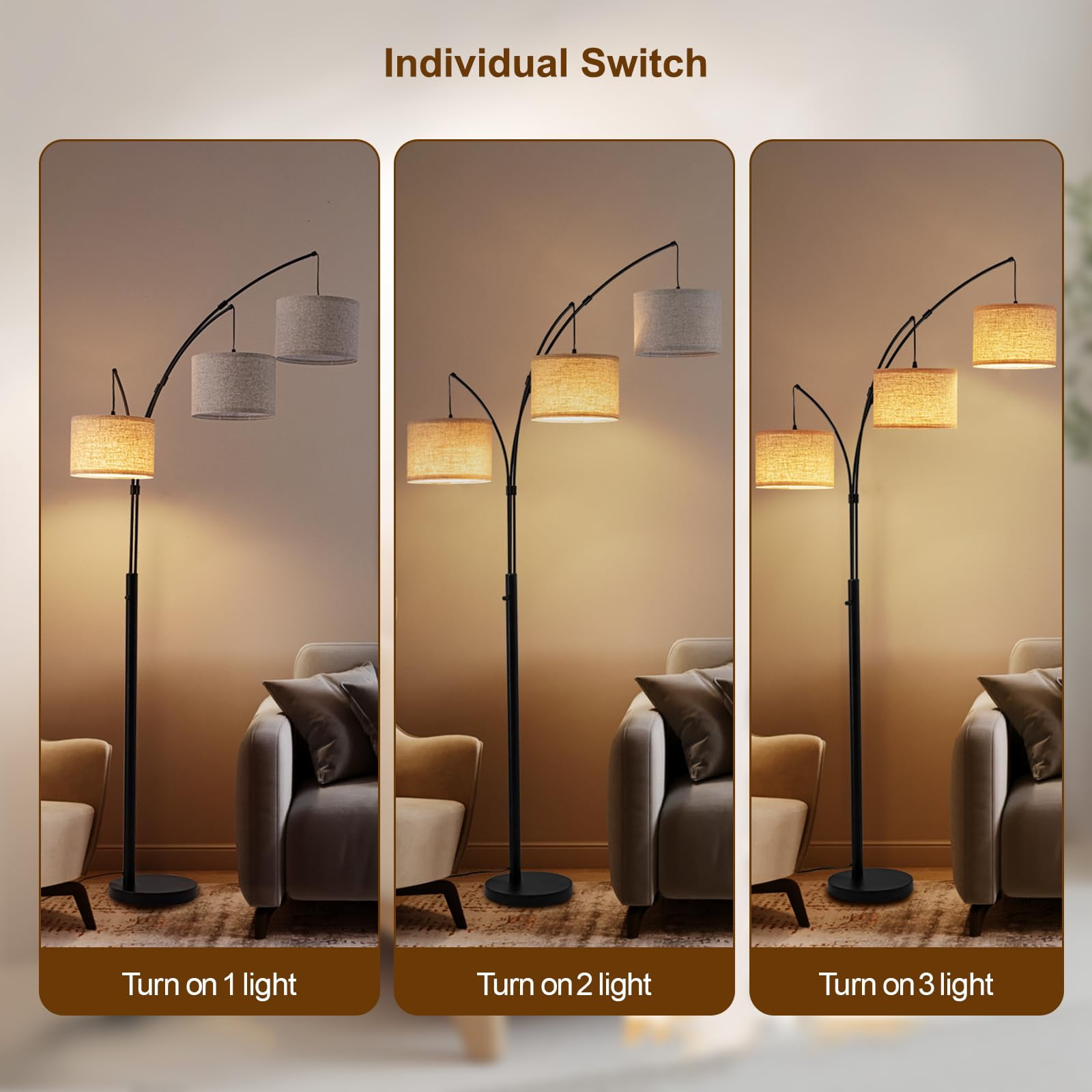 Floor Lamps for Living Room, 2400LM Super Bright Arc Floor Lamp with Remote Control, 3 Light Tall Floor Lamps with Stepless Dimmable, 80" Mid Century Tree Floor Lamp for Bedroom, Office