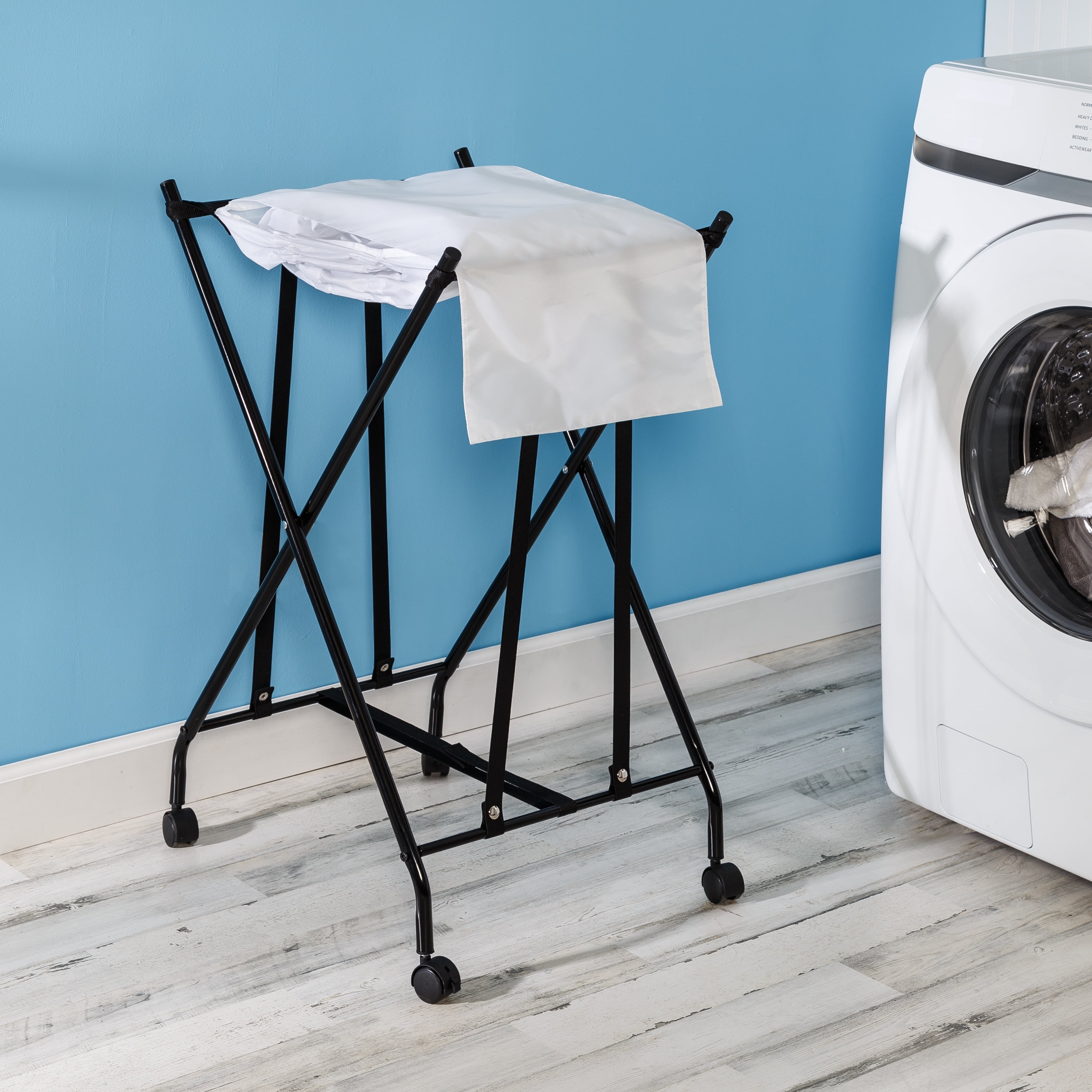Honey-Can-Do Steel Folding No Bend Lifting Laundry Hamper with Removable Polycotton Bag, White/Black