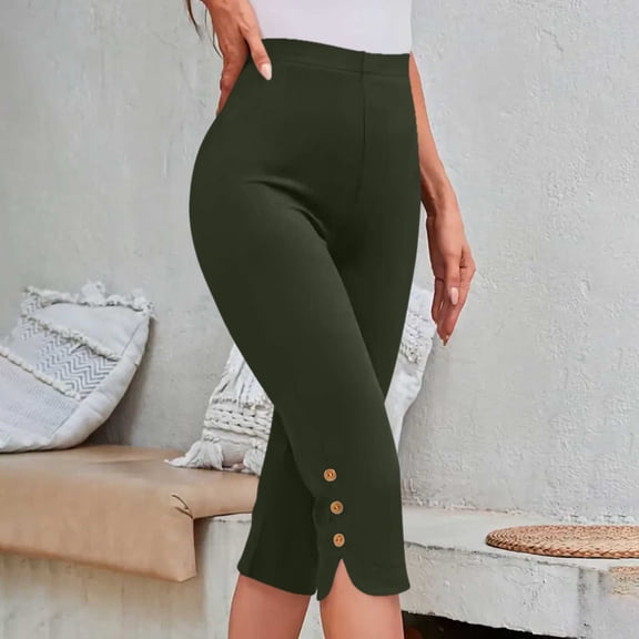 JUSLIO Womens Leggings Button Slim High Waist Solid Yoga Workout Capris Leggings