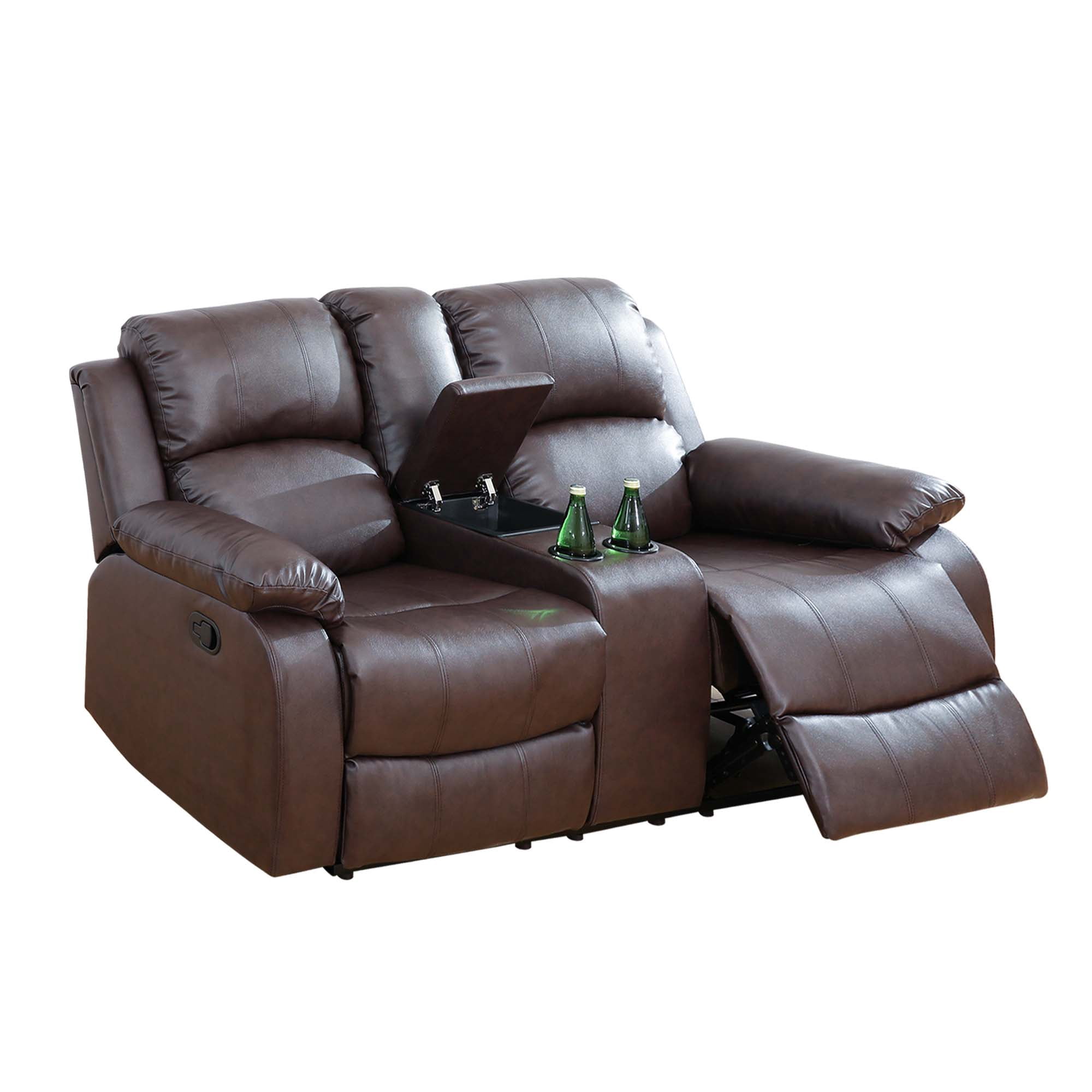 Aukfa Double Manual Recliner Chair, Overstuffed Loveseat with Cupholder for Living Room, Leather, Brown