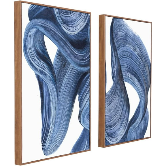 FCCUYE Abstract Navy Blue Grey Framed Canvas Wall Art - Modern Minimalist Paintings Brush Stroke Artwork for Home Decor, Living Room Bedroom Office - 16x24 Inch Set of 3